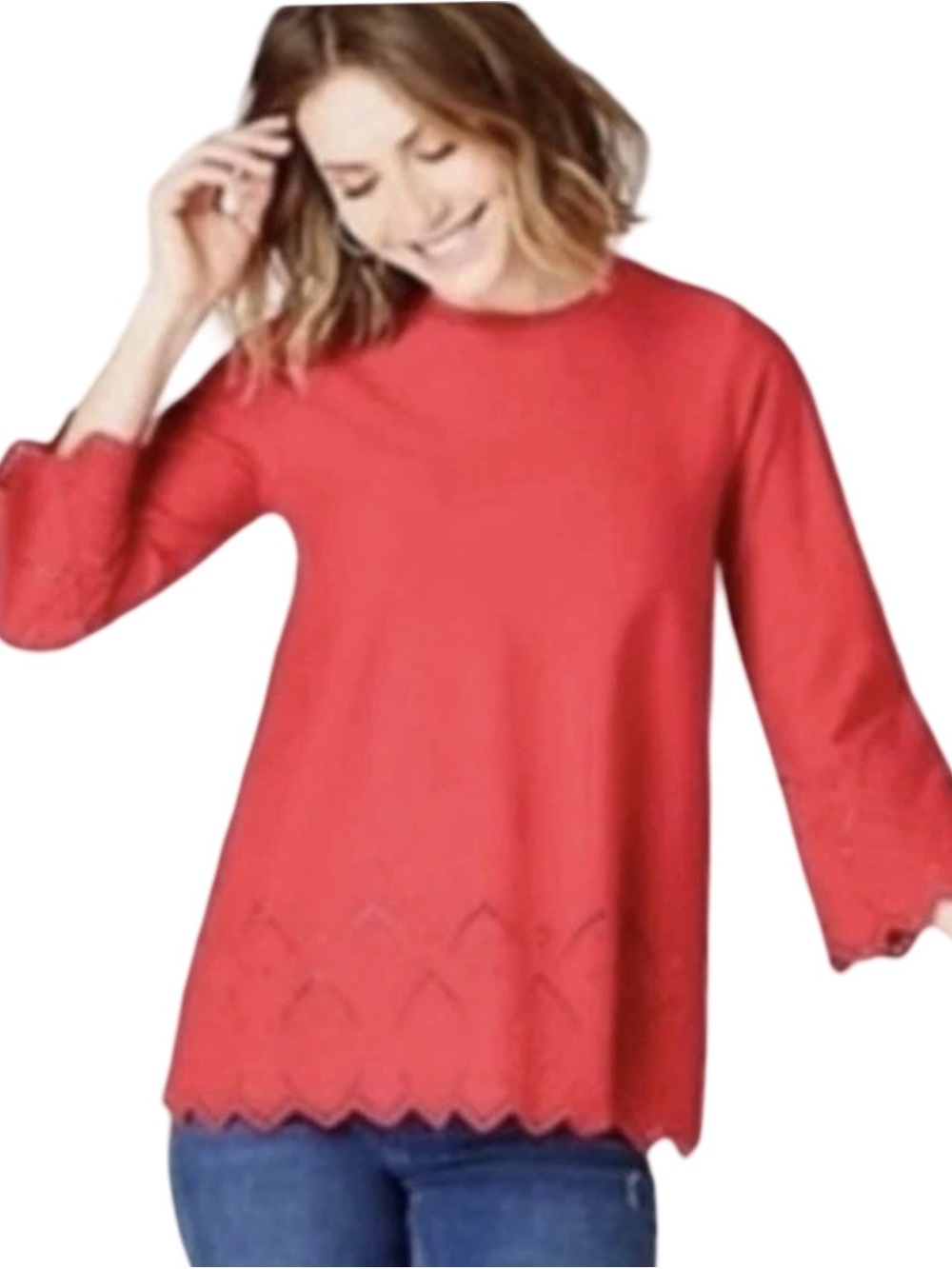 J. Jill Women’s Coral Eyelet-Hem Cotton Tunic Tee Top Size Medium EUC